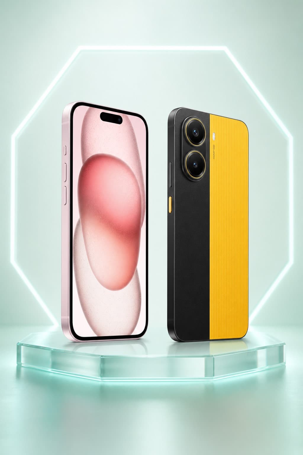 Smartphones Apple e Xiaomi em composição de produto