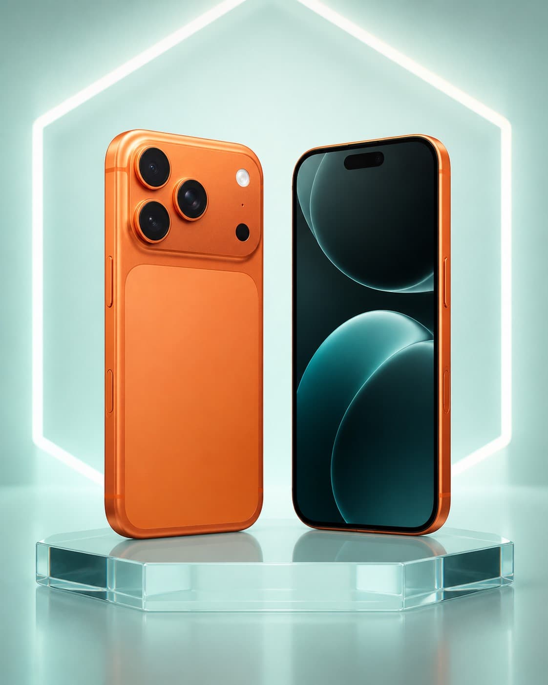 iPhone 17 Pro Max laranja, frente e verso, sobre um pódio de vidro
